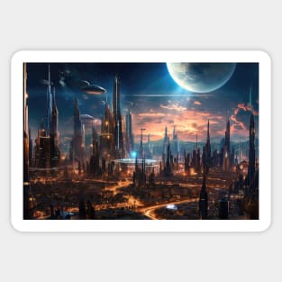 Lunar Metropolis: Futuristic Cityscape Illuminated by Alien Moonlight Sticker